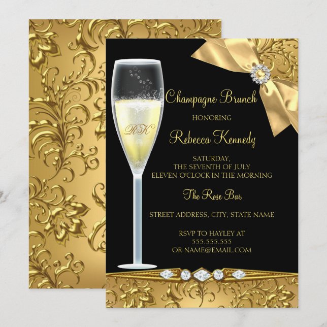 Elegant Black Gold Damask Champagne Brunch Invite (Front/Back)