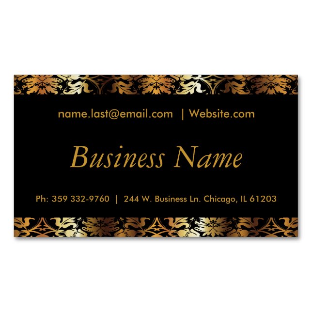 Elegant Black & Gold Damask Magnetic Business Card (Front)