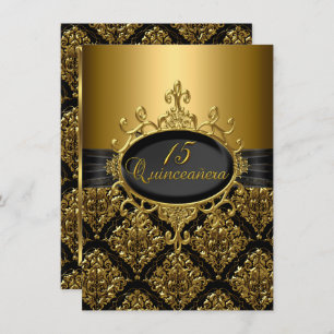 Elegant Black Gold Damask Quinceanera Invite