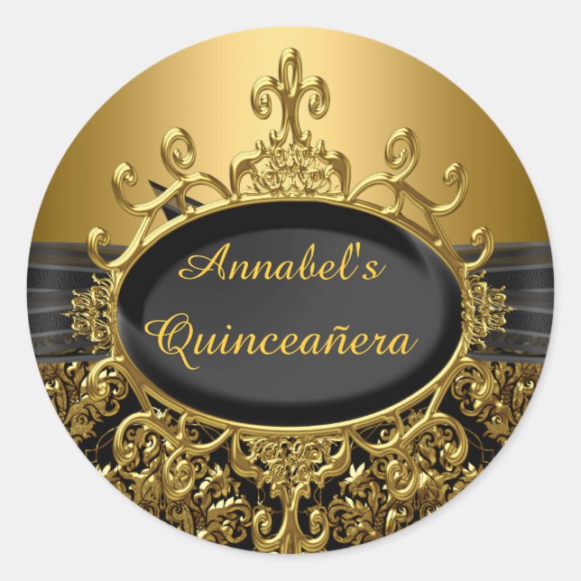 Elegant Black & Gold Damask Quinceanera Sticker (Front)