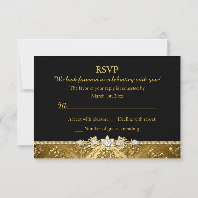 Elegant Black & Gold Damask RSVP Invitation (Front)