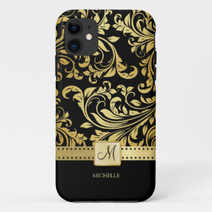 Elegant Black & Gold Damask with Monogram iPhone 11 Case