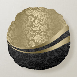 Elegant Black & Gold Damasks Dynamic Stripes 2 Round Cushion