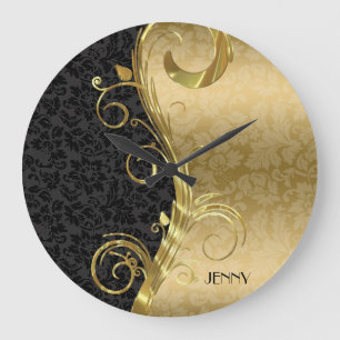 Elegant Black Gold Damasks Gold Swirls Large Clock