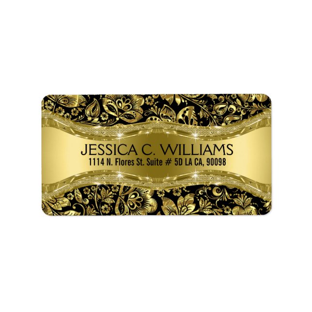 Elegant Black & Gold Damasks & Shiny Texture Label (Front)