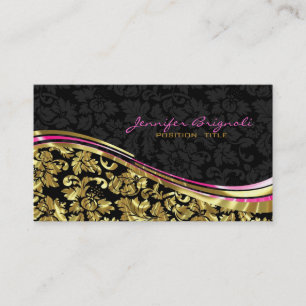 Elegant Black & Gold Damasks Silver Accents Business Card