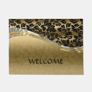 Elegant Black & Gold Damasks With Silver Accents 2 Doormat