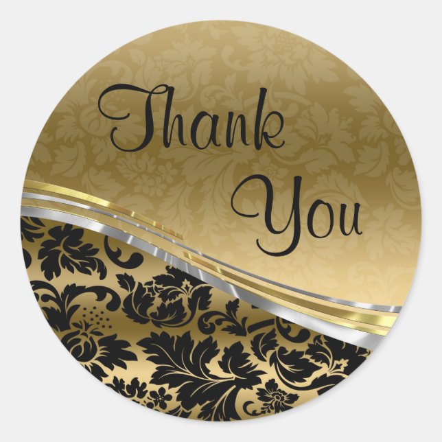 Elegant Black & Gold Damasks With Silver Accents Classic Round Sticker (Front)