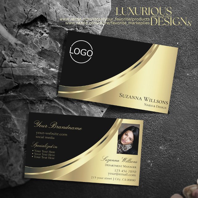 Elegant Black Gold Decor with Logo and Photo Noble Business Card (Creator Uploaded)