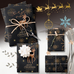 Elegant Black & Gold Deer Custom Christmas Wrapping Paper Sheet