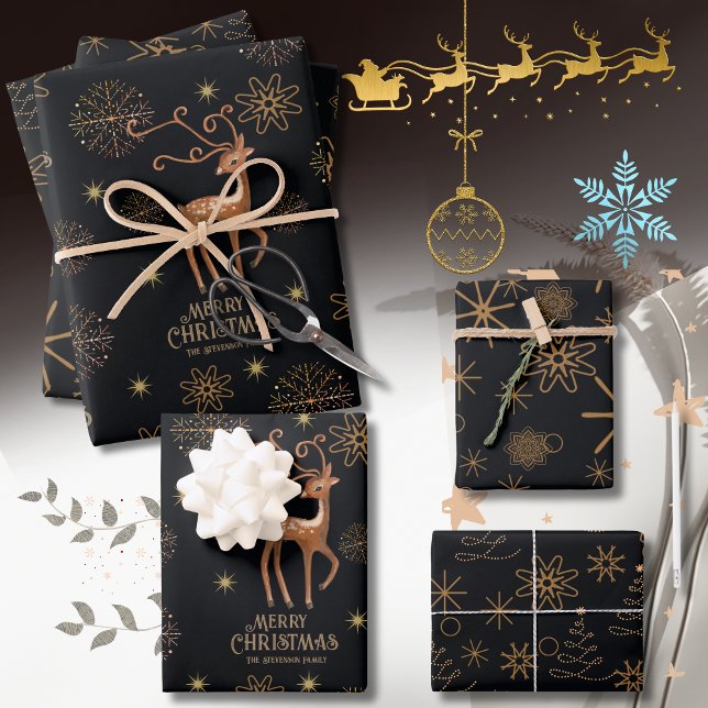 Elegant Black & Gold Deer Custom Christmas Wrapping Paper Sheet (Elegant Black & Gold Deer Custom Christmas Wrapping Paper Sheets)