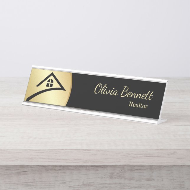 Elegant Black & Gold Desk Name Plate (Front)
