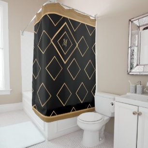 Elegant Black Gold Diamond Geometric Monogram Shower Curtain