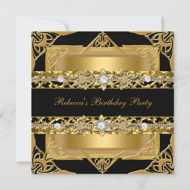 Elegant Black Gold Diamond Jewel Birthday Party Invitation (Front)