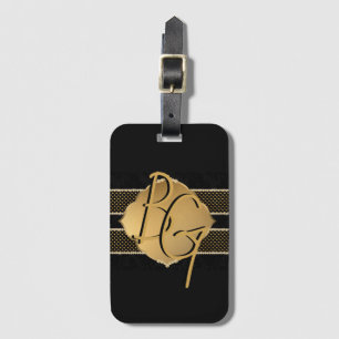 Elegant Black Gold Diamond Pattern Initials Luggage Tag