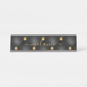 Elegant Black Gold Diamond Tufted Luxury Your Desk Name Plate