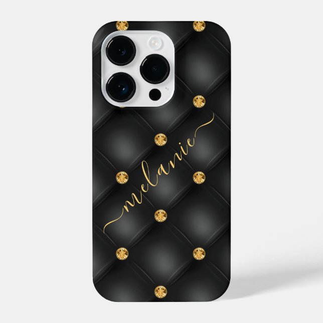 Elegant Black Gold Diamond Tufted Luxury Your Name iPhone Case (Back)