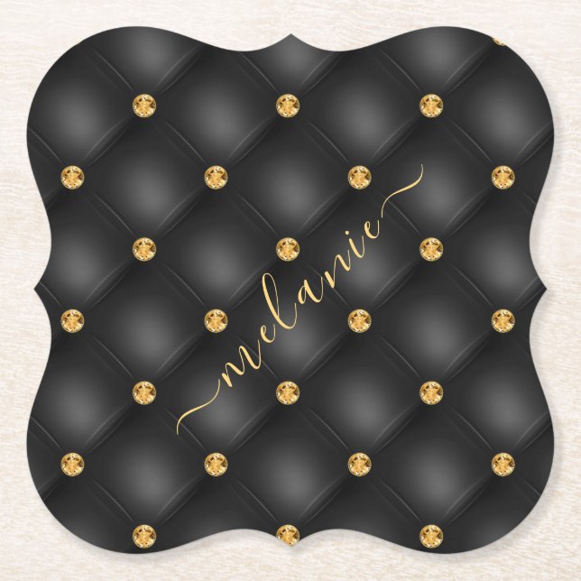 Elegant Black Gold Diamond Tufted Luxury Your Name Paper Coaster (Front)