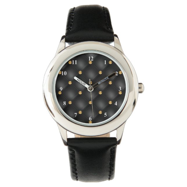 Elegant Black Gold Diamond Tufted Watch (Front)