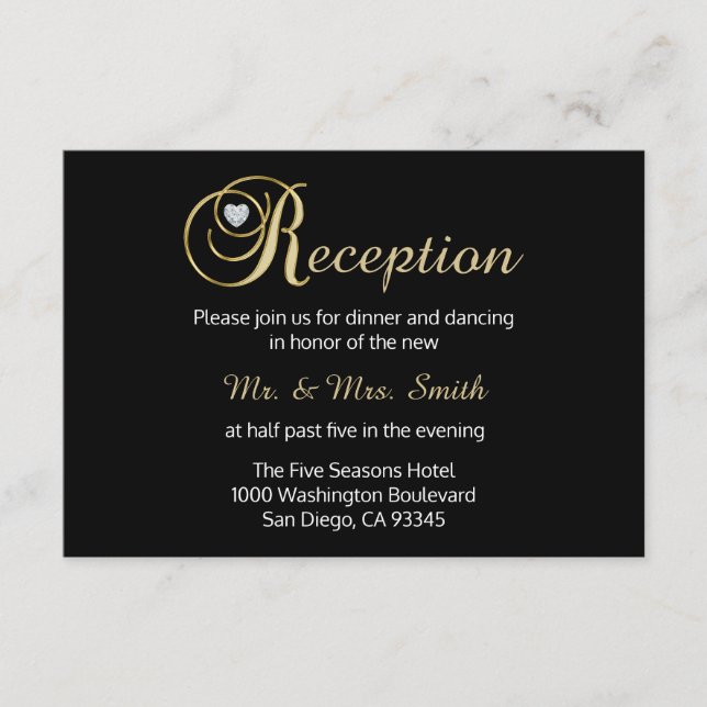 Elegant Black Gold Diamond Wedding RECEPTION Card (Front)