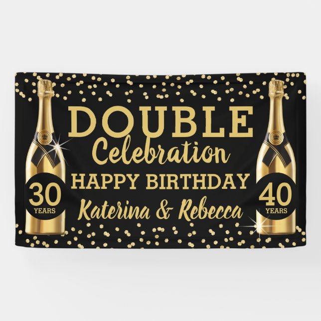 Elegant Black & Gold Double Birthday Party Banner (Horizontal)