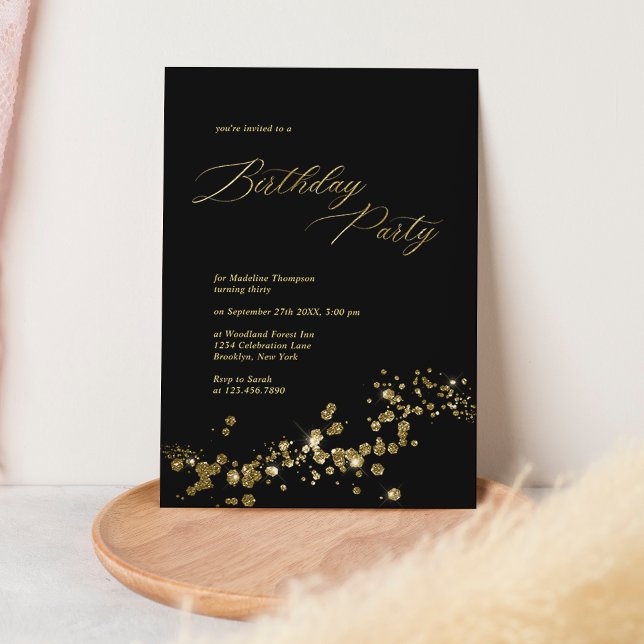 Elegant Black Gold Dust Confetti Adult Birthday Invitation (Creator Uploaded)