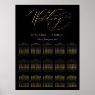 Elegant Black Gold Elegant Script Wedding Seating Poster