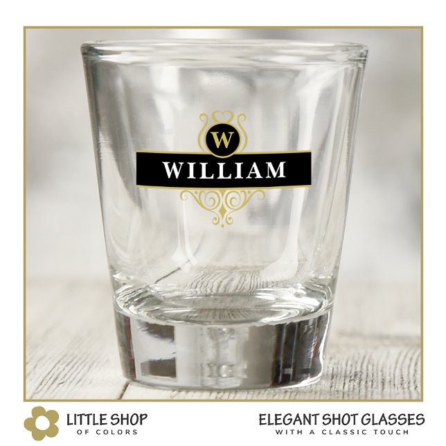 Elegant Black Gold Emblem Personalised Shot Glass (Creator Uploaded)