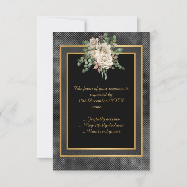 ELEGANT BLACK GOLD EMBOSSED LAYER FLORAL RSVP (Front)