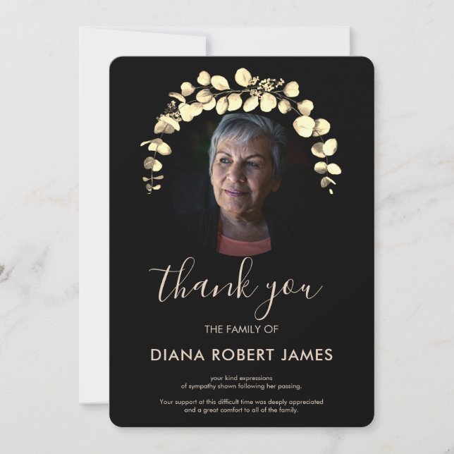 Elegant Black Gold Eucalyptus Photo Sympathy Thank You Card (Front)