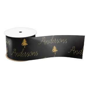 Elegant Black Gold Family Name Heart Pattern Satin Ribbon