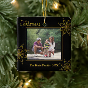 Elegant Black Gold Family Photo Merry Christmas Ceramic Ornament