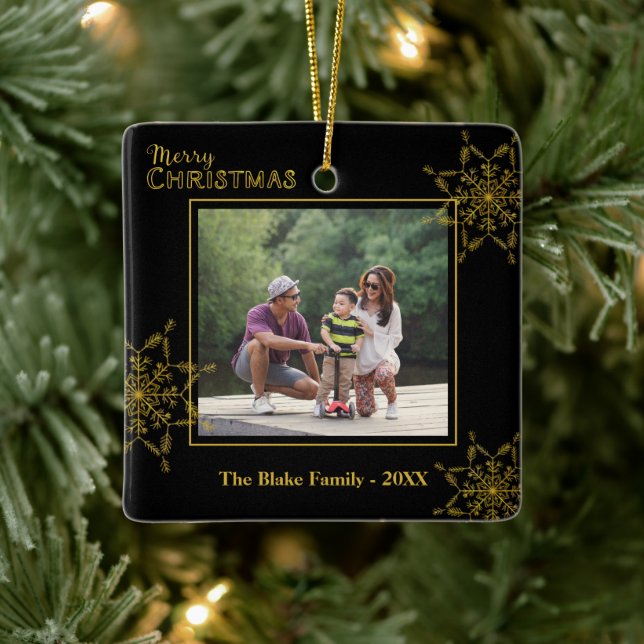 Elegant Black Gold Family Photo Merry Christmas Ceramic Ornament (Tree)