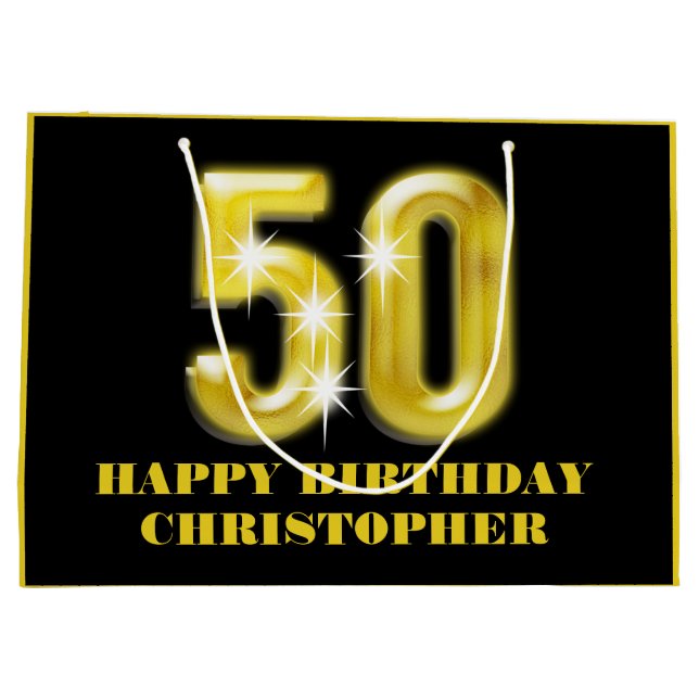 Elegant black gold faux 50th birthday celebration large gift bag (Back)