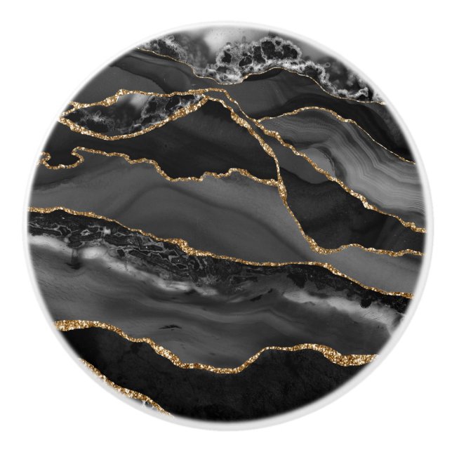 Elegant Black Gold Faux Glitter Agate Geode Grey Ceramic Knob (Front)