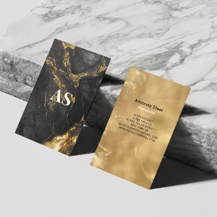Elegant black gold faux glitter marble monogram business card