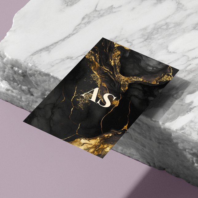 Elegant black gold faux glitter marble monogram 	Magnetic business card (Creator Uploaded)