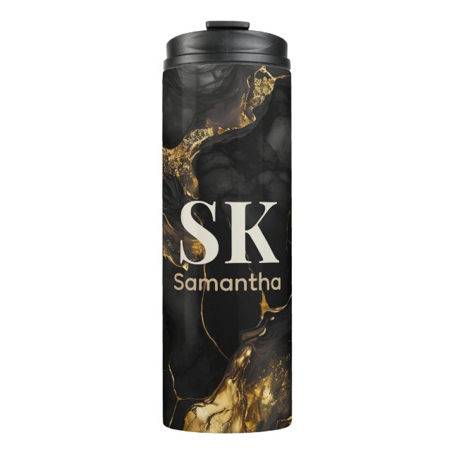 Elegant black gold faux glitter marble monogram thermal tumbler (Front)