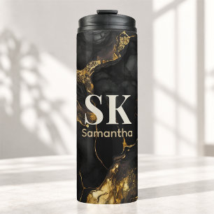 Elegant black gold faux glitter marble monogram thermal tumbler