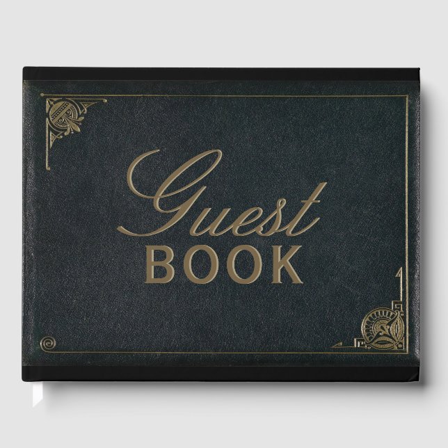 Elegant Black Gold Faux Leather Wedding Guest Book (Front)