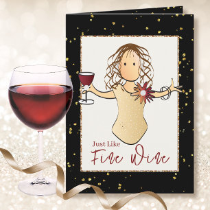Elegant Black Gold Female Cartoon Wine Birthday  Card