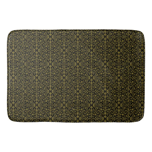 Elegant Black & Gold Filigree Bath Mat (Front)