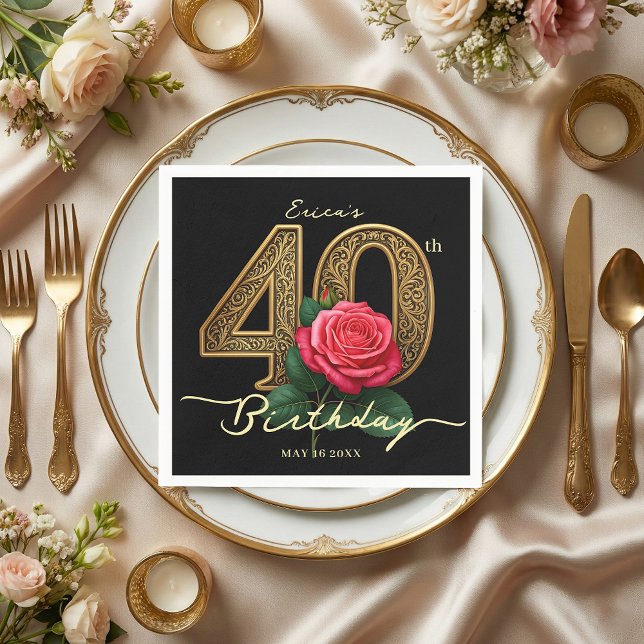 Elegant Black Gold Filigree Red Rose 40th Birthday Napkin (Creator Uploaded)