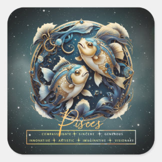 Elegant Black Gold Fish Zodiac Sign Pisces Square Sticker