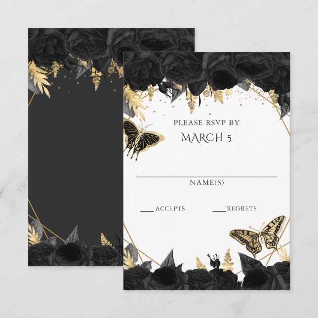 Elegant Black Gold Floral Butterflies Quinceanera RSVP Card (Front/Back)
