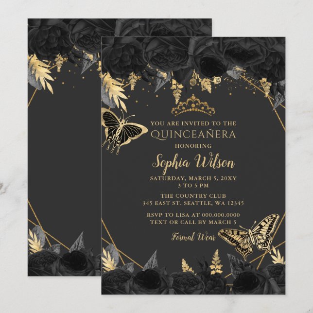 Elegant Black  Gold Floral Butterfly Quinceañera Invitation (Front/Back)