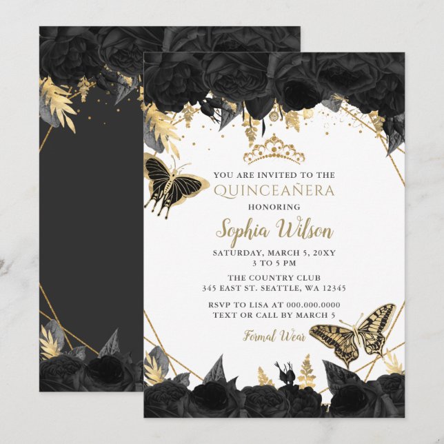 Elegant Black Gold Floral Butterfly Quinceañera Invitation (Front/Back)