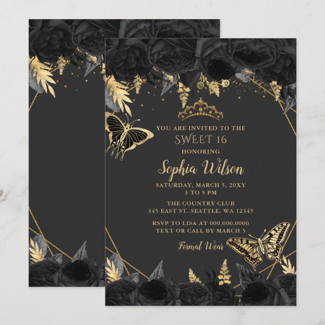 Elegant Black Gold Floral Butterfly sweet 16 Invitation (Front/Back)