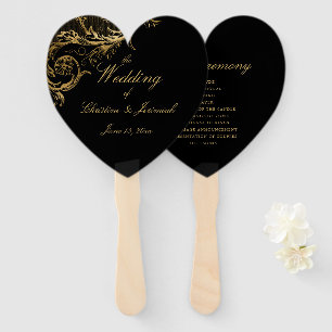 Elegant Black Gold Floral Damask Script Wedding Hand Fan