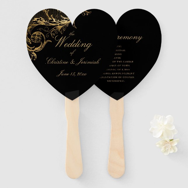Elegant Black Gold Floral Damask Script Wedding Hand Fan (Front and Back)